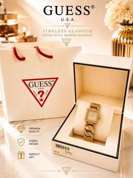 ساعة Guess للسيدات باطار ذهبي مرصع باحجار الزركون